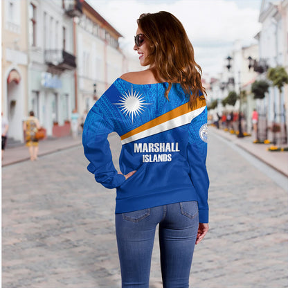Marshall Islands Off Shoulder Sweatshirt - Flag Color With Traditional Patterns