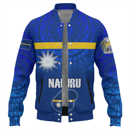 Nauru Baseball Jacket Flag Color With Traditional Patterns