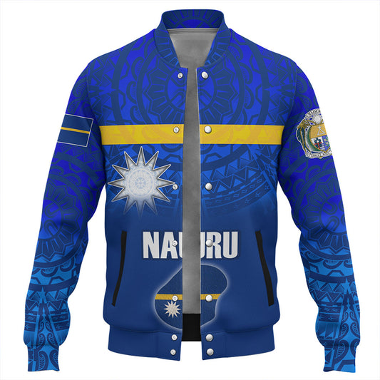 Nauru Baseball Jacket Flag Color With Traditional Patterns