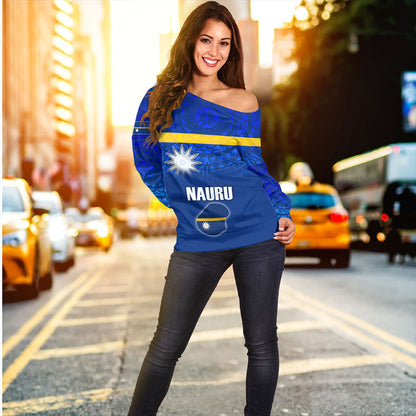Nauru Off Shoulder Sweatshirt Flag Color With Traditional Patterns