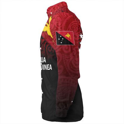 Papua New Guinea Long Sleeve Shirt - PNG Flag Color With Traditional Patterns