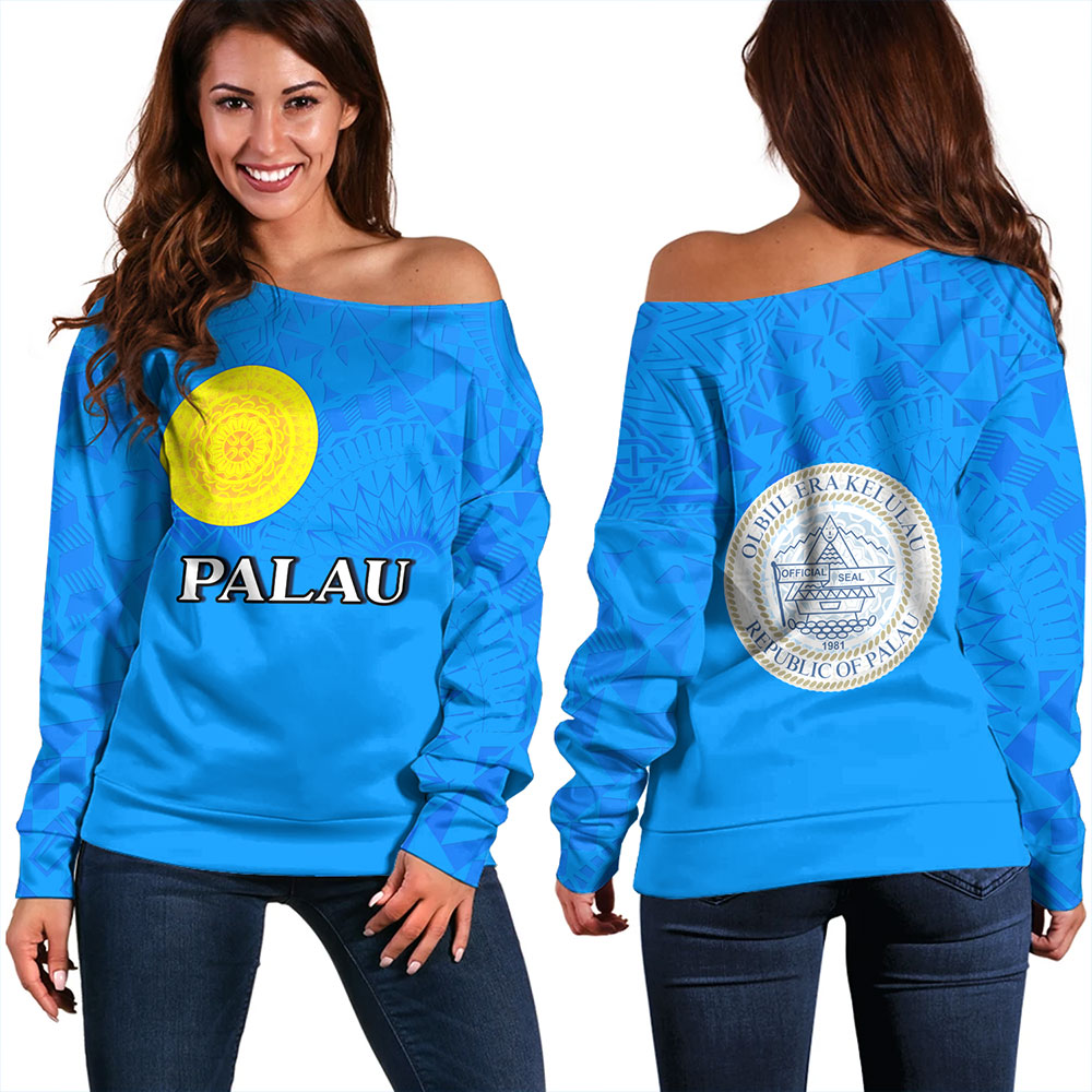 Palau Off Shoulder Sweatshirt Flag Color With Traditional Patterns ...