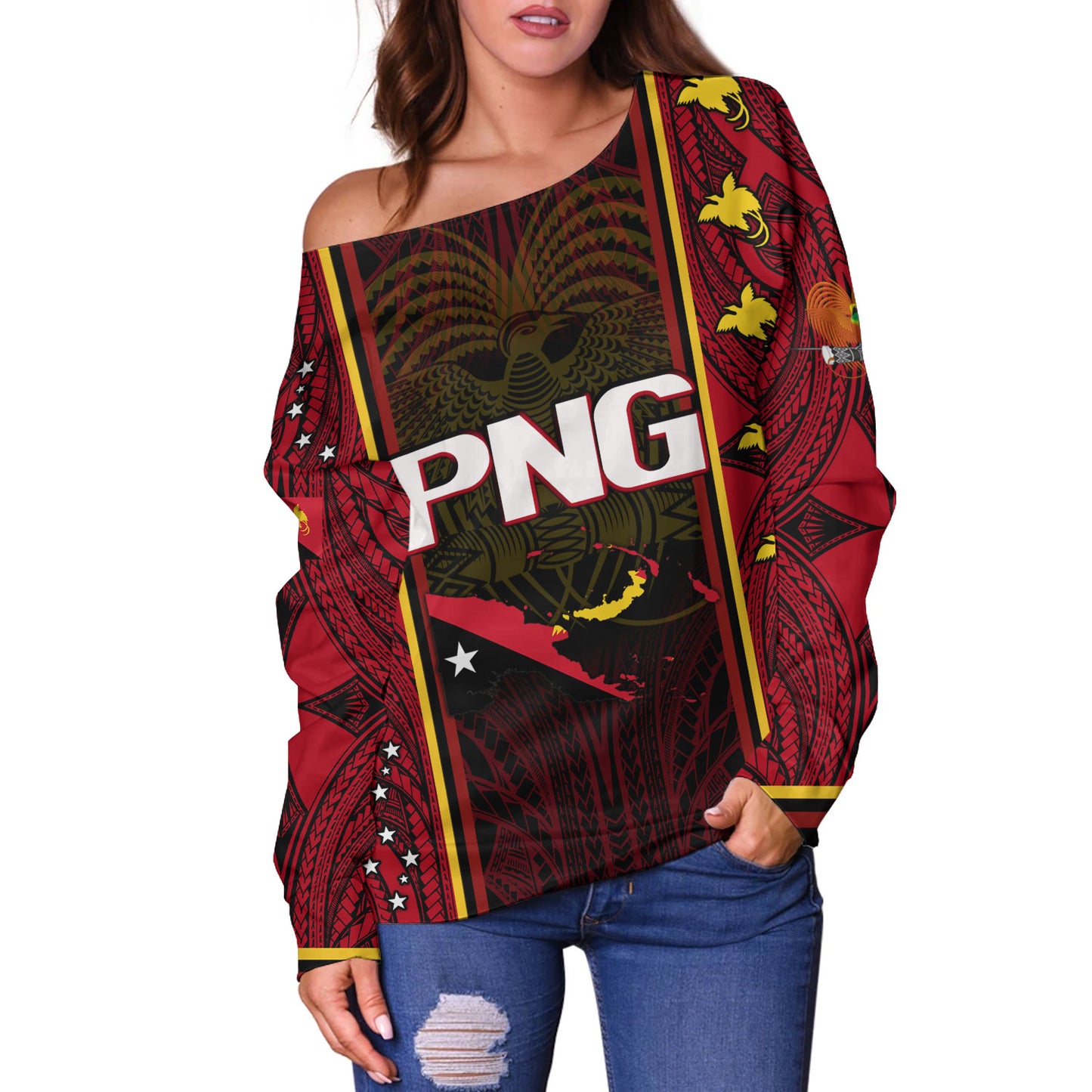 Papua New Guinea Custom Personalised Off Shoulder Sweatshirt Seal And Map Tribal Traditional Patterns