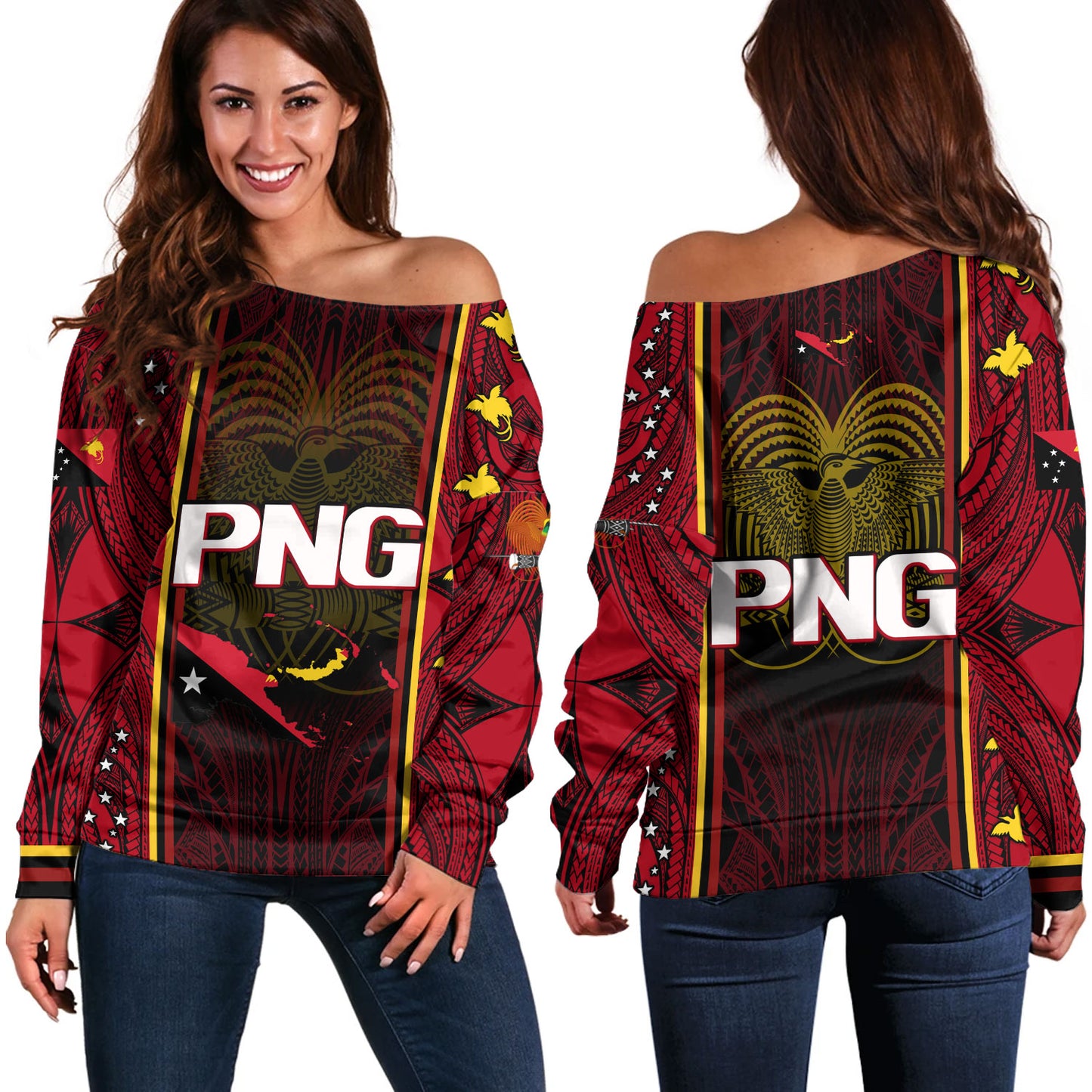 Papua New Guinea Custom Personalised Off Shoulder Sweatshirt Seal And Map Tribal Traditional Patterns