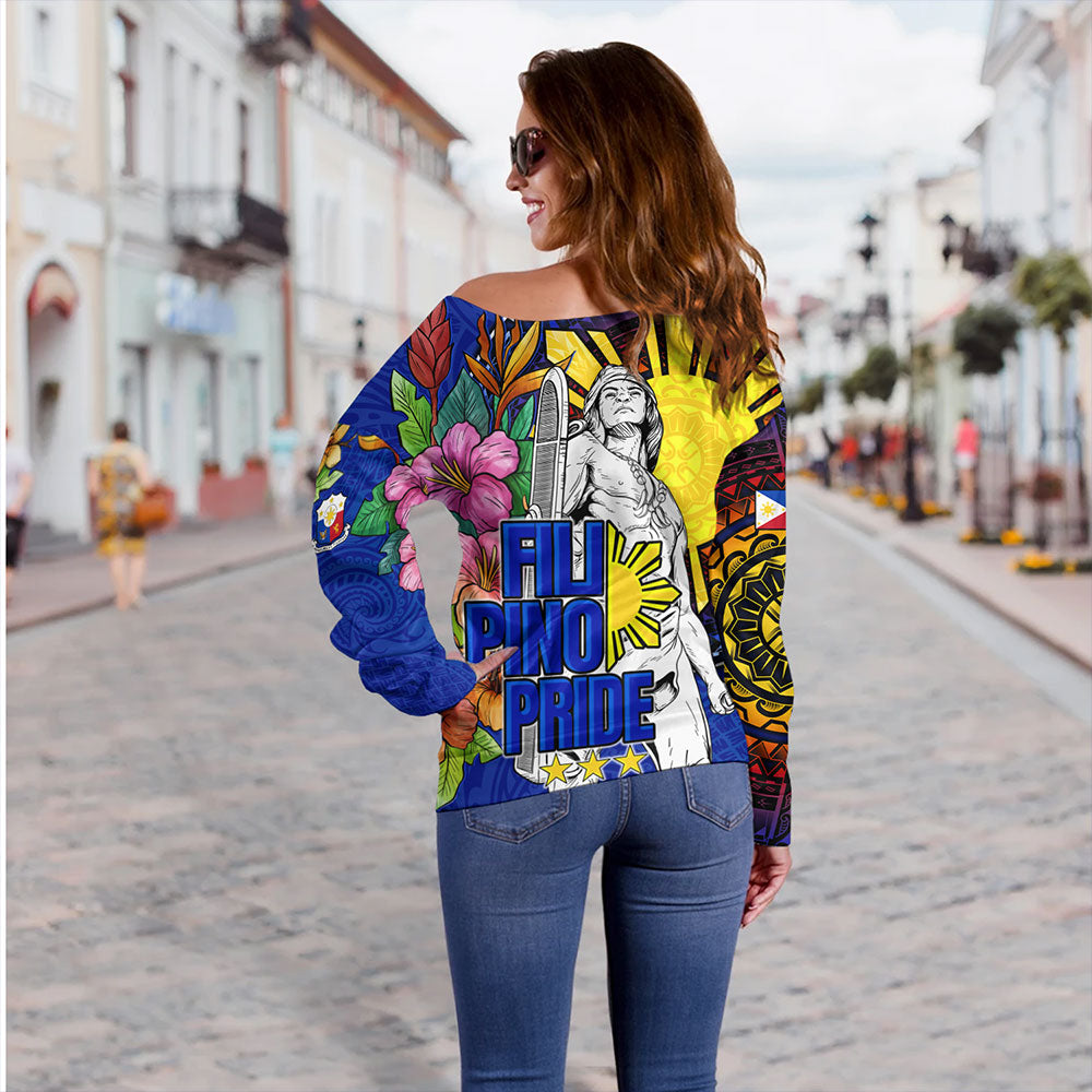 Philippines Filipinos Off Shoulder Sweatshirt Lapu-lapu Hero With Philippines Flowers Style