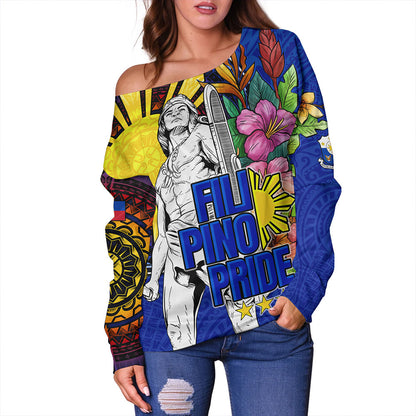 Philippines Filipinos Off Shoulder Sweatshirt Lapu-lapu Hero With Philippines Flowers Style