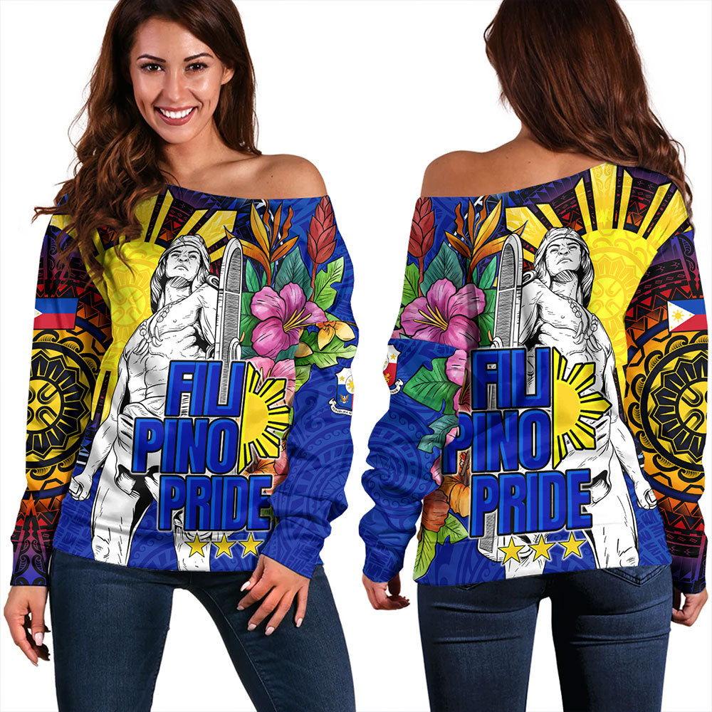 Philippines Filipinos Off Shoulder Sweatshirt Lapu-lapu Hero With Philippines Flowers Style