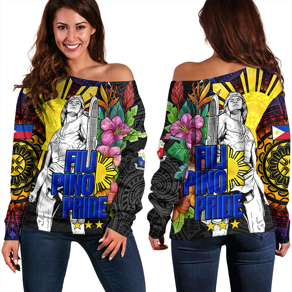 Philippines Filipinos Off Shoulder Sweatshirt Lapu-lapu Hero With Philippines Flowers Style