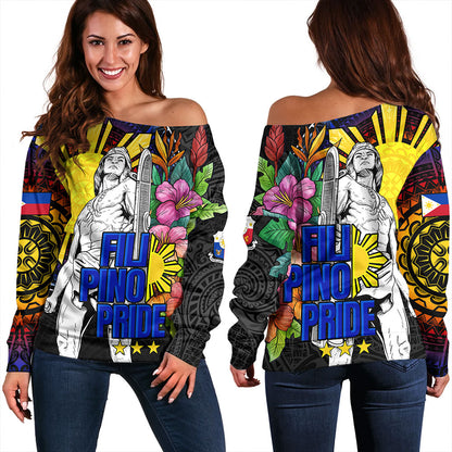 Philippines Filipinos Off Shoulder Sweatshirt Lapu-lapu Hero With Philippines Flowers Style