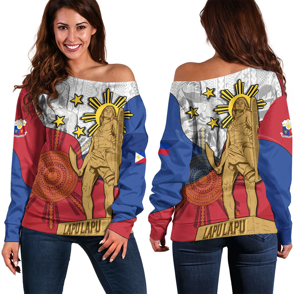 Philippines Filipinos Off Shoulder Sweatshirt Lapu Lapu Heroes With Sun And Flag Tribal Patterns