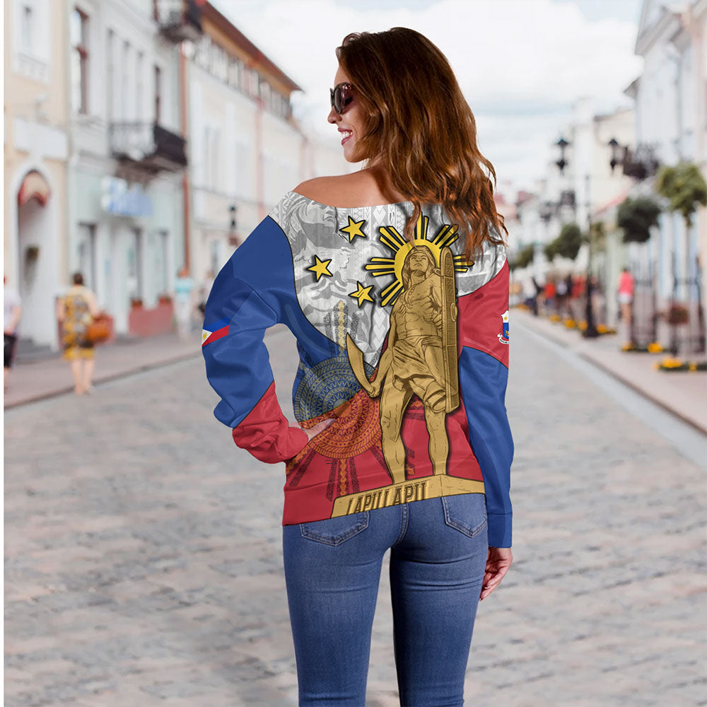 Philippines Filipinos Off Shoulder Sweatshirt Lapu Lapu Heroes With Sun And Flag Tribal Patterns