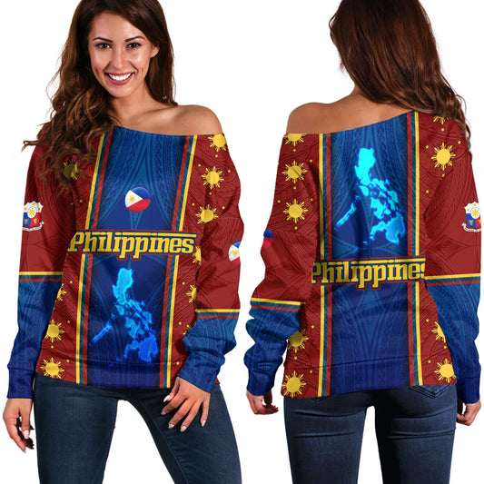 Philippines Filipinos Custom Personalised Off Shoulder Sweatshirt Tribal Sun Traditional Patterns