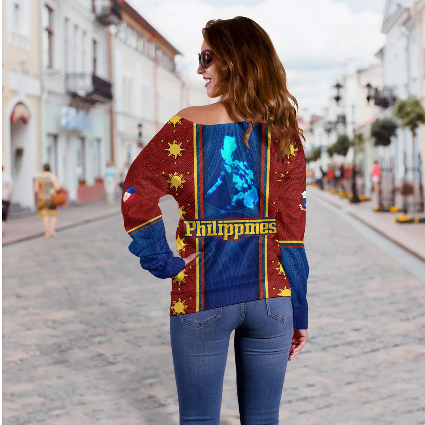 Philippines Filipinos Custom Personalised Off Shoulder Sweatshirt Tribal Sun Traditional Patterns