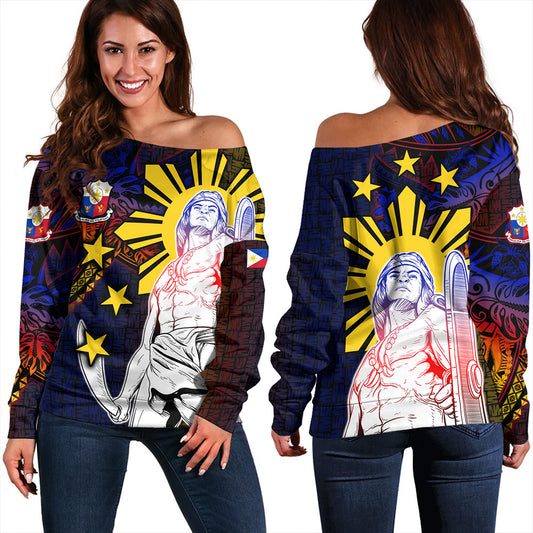 Philippines Filipinos Off Shoulder Sweatshirt Lapu-lapu Hero With Seal Filipinos Tribal Patterns