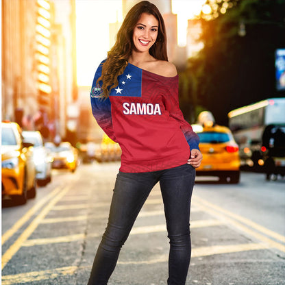 Samoa Off Shoulder Sweatshirt - Samoa Flag Color With Traditional Patterns
