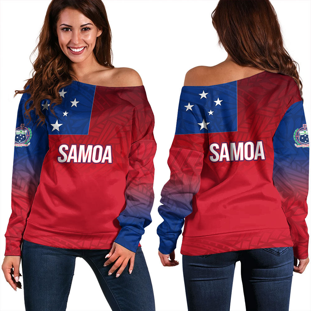 Samoa Off Shoulder Sweatshirt - Samoa Flag Color With Traditional Patterns