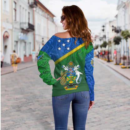 Solomon Islands Off Shoulder Sweatshirt Flag Color With Traditional Patterns