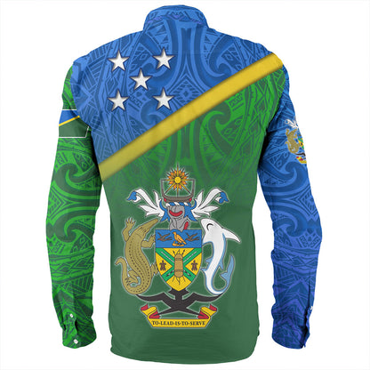 Solomon Islands Long Sleeve Shirt Flag Color With Traditional Patterns