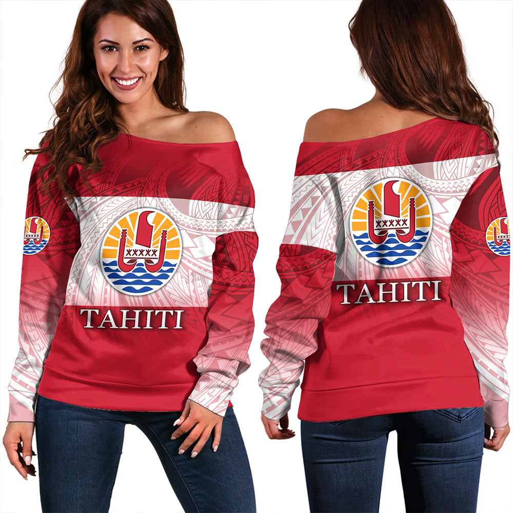 Tahiti Off Shoulder Sweatshirt - Flag Color With Traditional Patterns