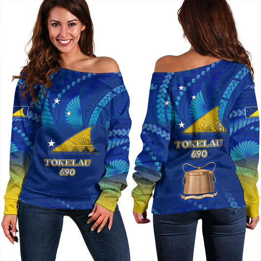 Tokelau Off Shoulder Sweatshirt Flag Color With Traditional Patterns