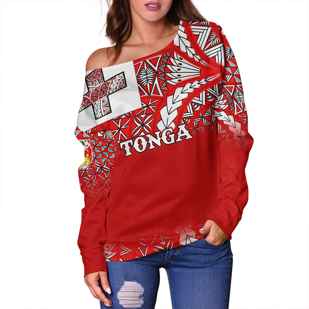 Tonga Off Shoulder Sweatshirt - Tonga Flag Color With Traditional Patterns