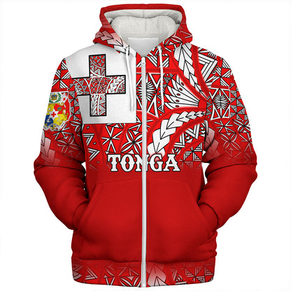 Tonga Sherpa Hoodie - Tonga Flag Color With Traditional Patterns