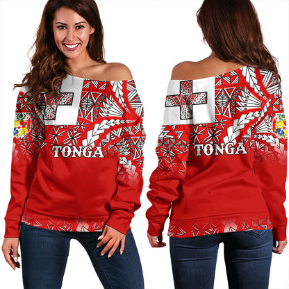 Tonga Off Shoulder Sweatshirt - Tonga Flag Color With Traditional Patterns