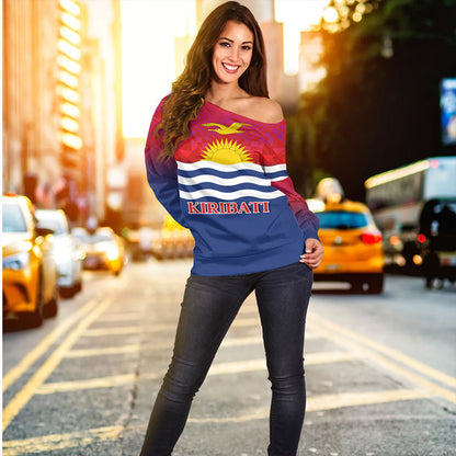 Kiribati Off Shoulder Sweatshirt Flag Color With Traditional Patterns