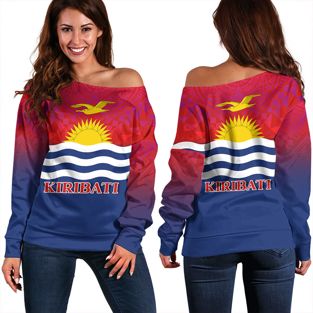 Kiribati Off Shoulder Sweatshirt Flag Color With Traditional Patterns
