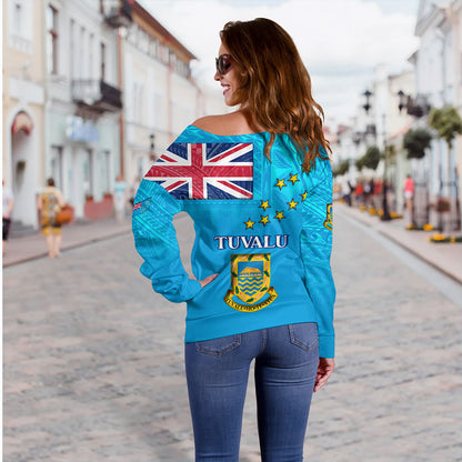 Tuvalu Off Shoulder Sweatshirt Flag Color With Traditional Patterns