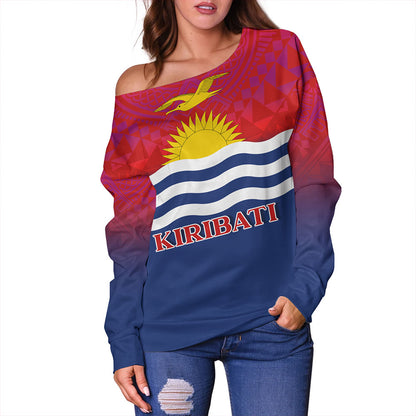 Kiribati Off Shoulder Sweatshirt Flag Color With Traditional Patterns
