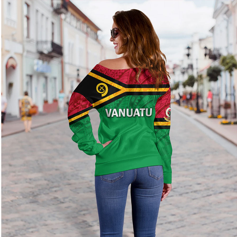 Vanuatu Off Shoulder Sweatshirt - Flag Color With Traditional Patterns