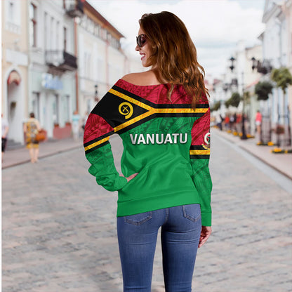 Vanuatu Off Shoulder Sweatshirt - Flag Color With Traditional Patterns