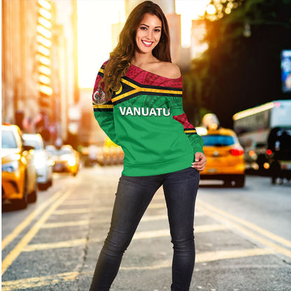 Vanuatu Off Shoulder Sweatshirt - Flag Color With Traditional Patterns