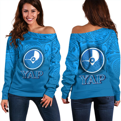 Yap State Off Shoulder Sweatshirt Flag Color With Traditional Patterns