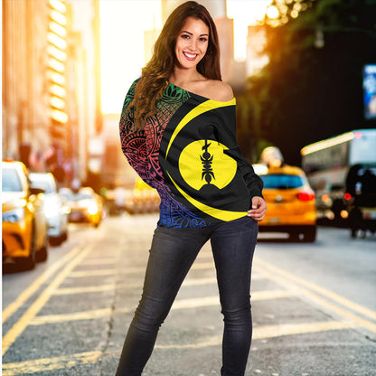 New Caledonia Off Shoulder Sweatshirt Coat Of Arm Lauhala Circle