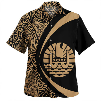 French Polynesia Hawaiian Shirt Coat Of Arm Lauhala Gold Circle