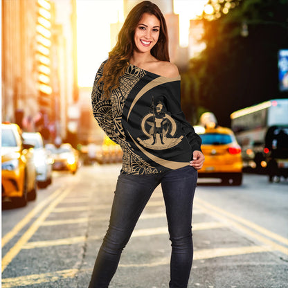 Vanuatu Off Shoulder Sweatshirt Coat Of Arm Lauhala Gold Circle
