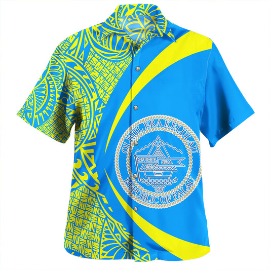 Palau Hawaiian Shirt Coat Of Arm Lauhala Gold Circle