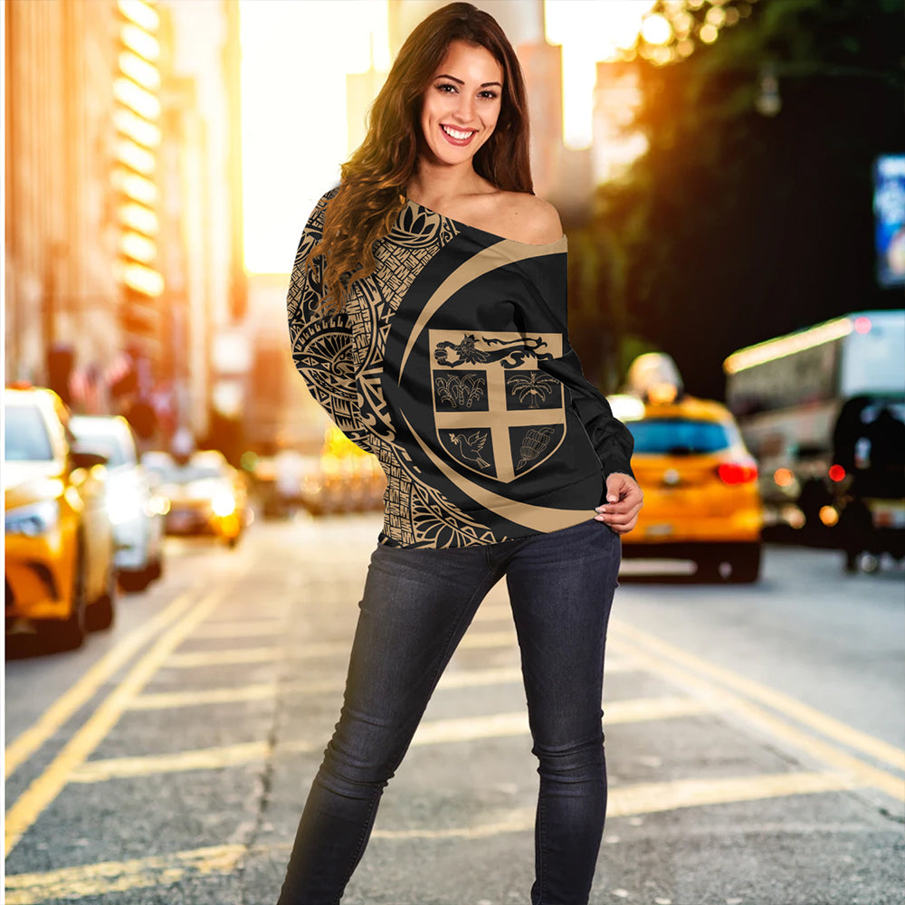Fiji Off Shoulder Sweatshirt Coat Of Arm Lauhala Gold Circle