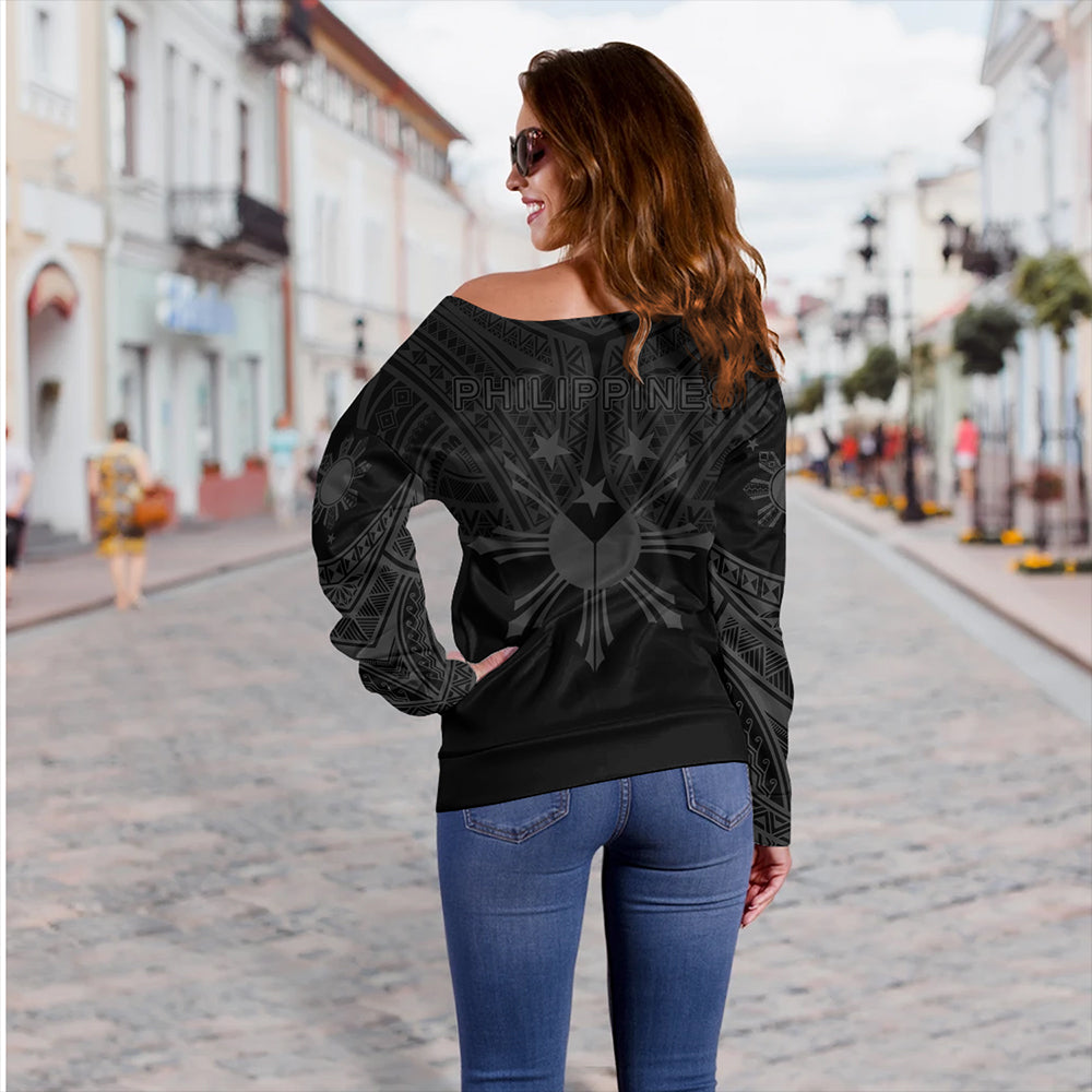 Philippines Off Shoulder Sweatshirt Sun Star Warrior Style Gray