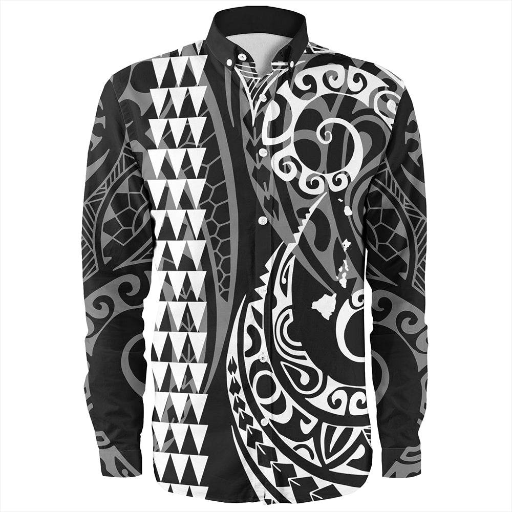 Hawaii Long Sleeve Shirt Hawaiian Map Kakau Style White