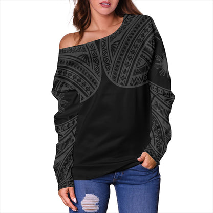 Philippines Off Shoulder Sweatshirt Sun Star Warrior Style Gray