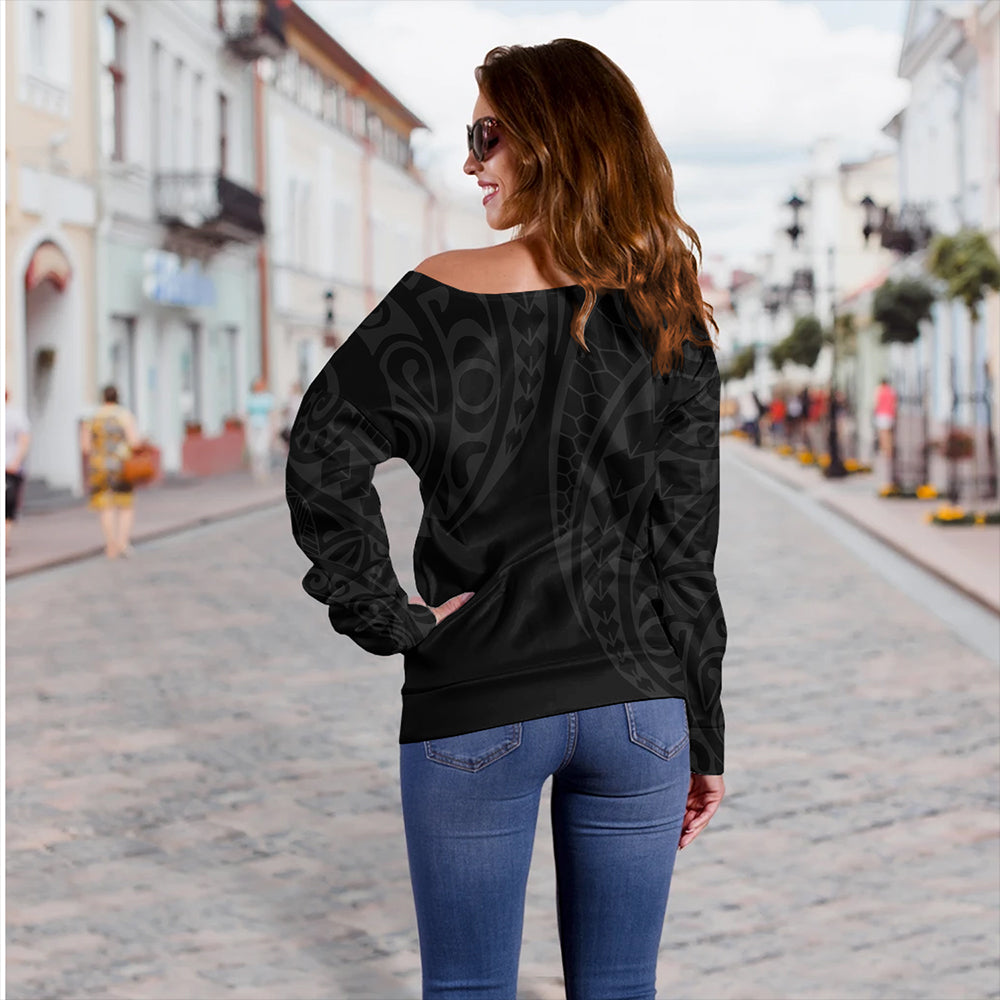 Hawaii Off Shoulder Sweatshirt Hawaiian Map Kakau Style Gray