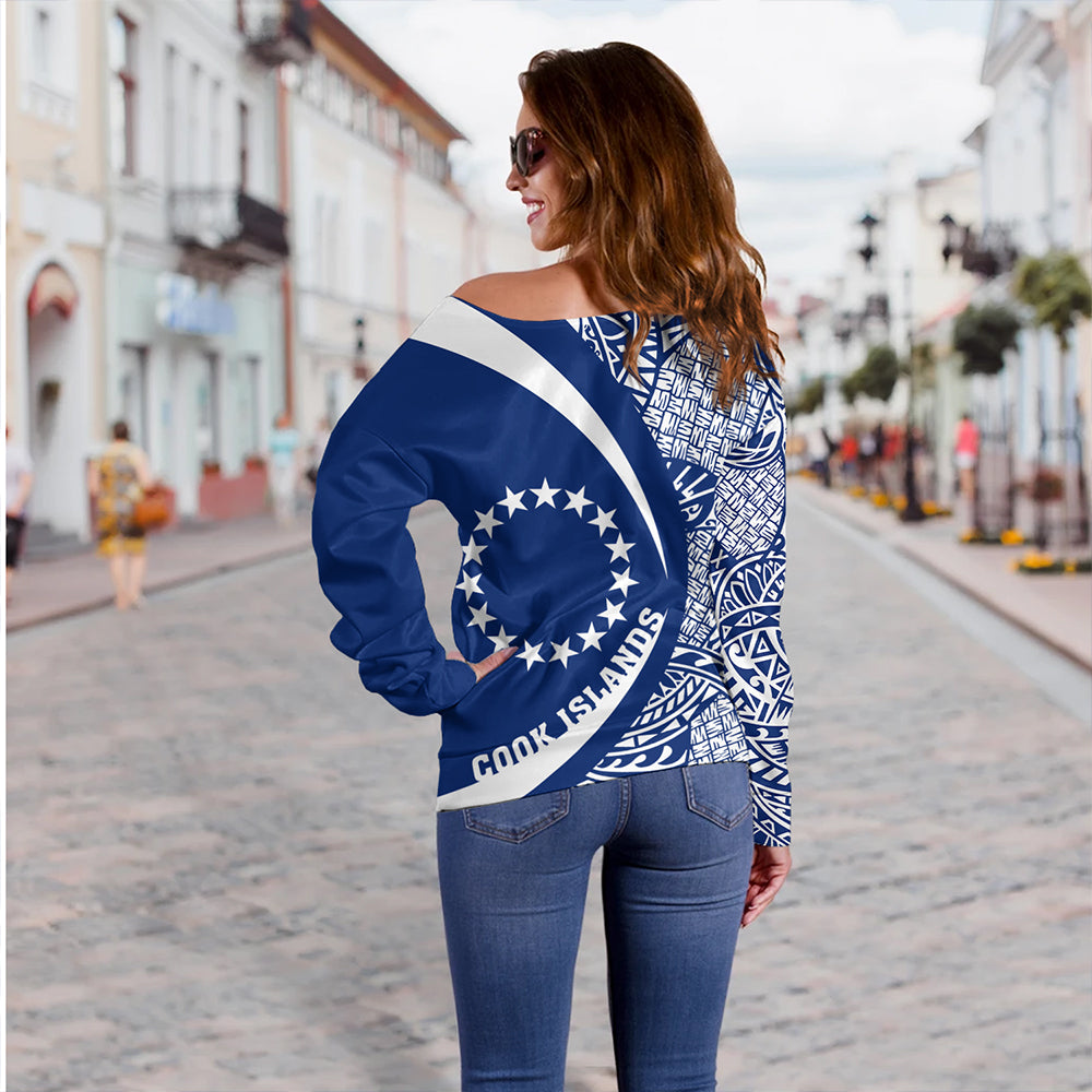 Cook Islands Off Shoulder Sweatshirt Coat Of Arm Lauhala Circle