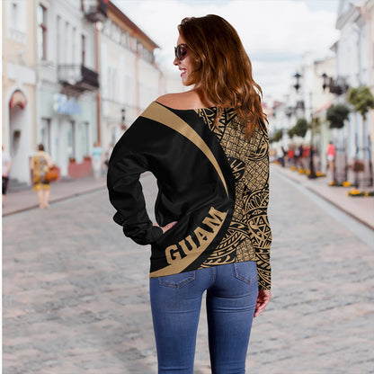 Guam Off Shoulder Sweatshirt Coat Of Arm Lauhala Gold Circle