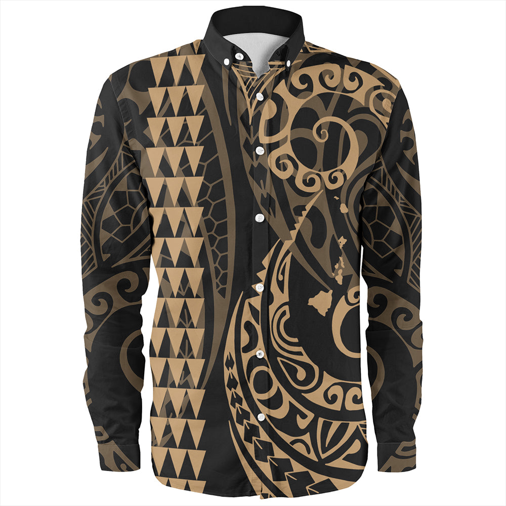Hawaii Long Sleeve Shirt Hawaiian Map Kakau Style Gold