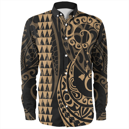 Hawaii Long Sleeve Shirt Hawaiian Map Kakau Style Gold