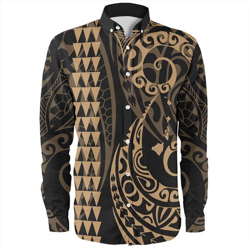 Hawaii Long Sleeve Shirt Hawaiian Map Kakau Style Gold