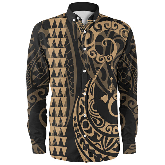 Hawaii Long Sleeve Shirt Hawaiian Map Kakau Style Gold